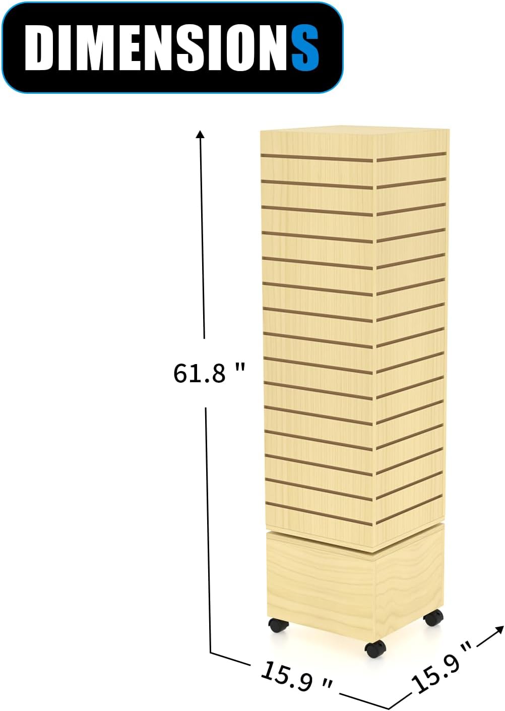 WISDOMFUR Rotating Slatwall Display Rack – 16"x16"x60" Maple Spinning Tower with Wheels – Retail Display Fixture for Accessories, Hooks & Shelves