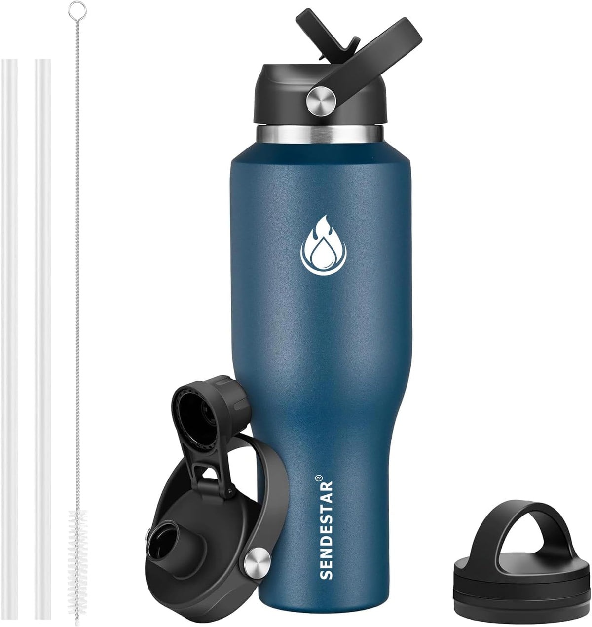 SENDESTAR 40oz Stainless Steel Water Bottle(Cold for 48 Hrs, Hot for 24 Hrs),Double Wall Vacuum Insulated Bottle with Straw Lid, Spout Lid and Flex Cap, Fit in Any Car Cup Holder，Navy