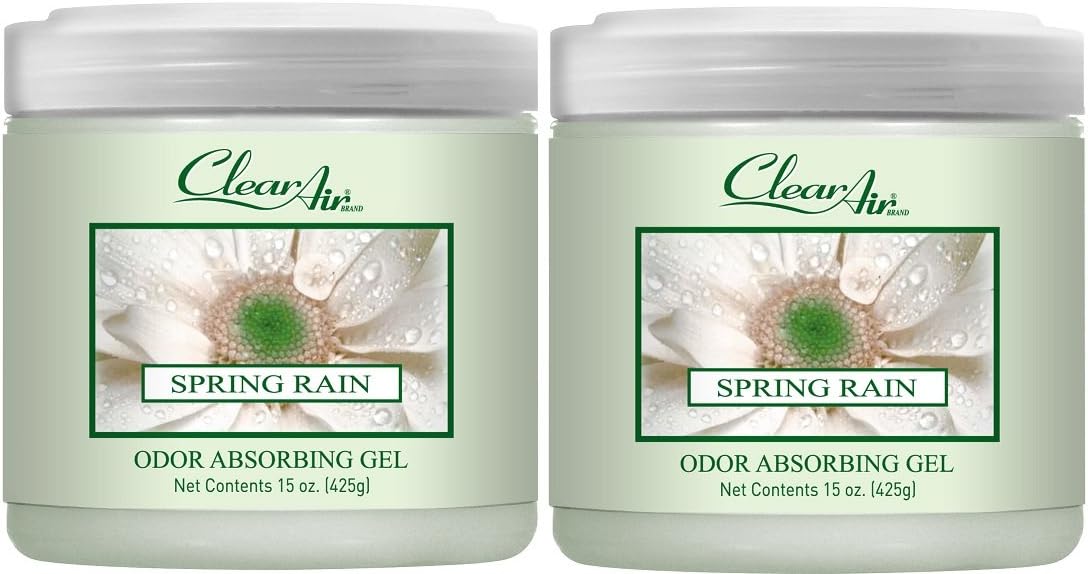 Clear Air Odor Absorber Gel - 15 oz, Pack of 2 - Air Freshener Absorbs and Eliminates Odors in Bathrooms, Cars, Boats, RVs and Pet Areas - Made with Essential Oils - Spring Rain Scent
