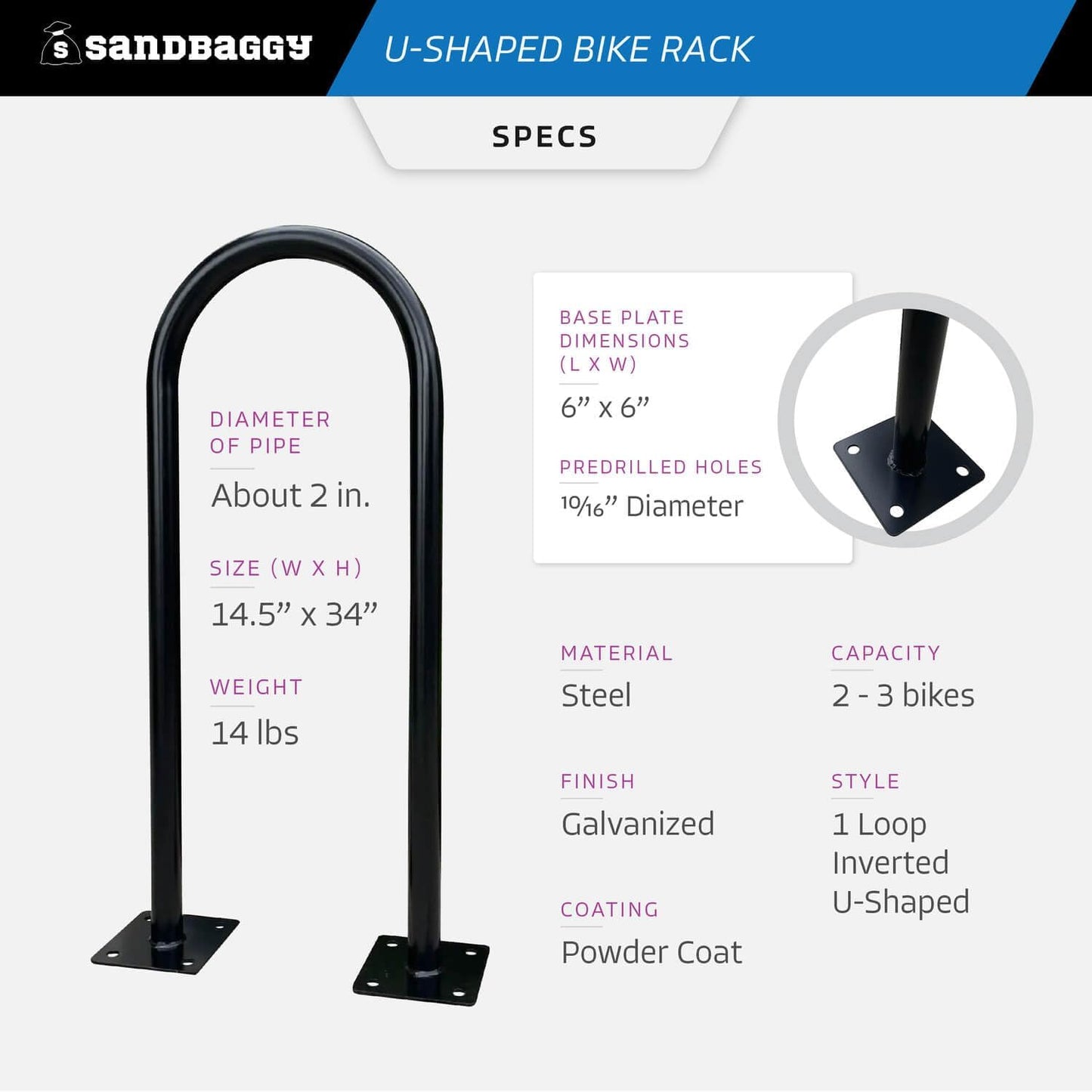 Sandbaggy Outside Bike Stand Floor - U Shaped & Commercial Standing Bike Rack - Premium Quality Galvanized Steel - Perfect Bicycle Floor Stand for Protection - Black, 14.5" x 34" - 1 Loop (50)