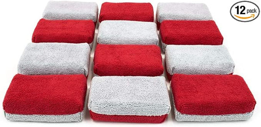 Autofiber Thick [Saver Applicator Terry] Ceramic Coating Applicator Sponge | 12 Pack | with Plastic Barrier to Reduce Product Waste. (Red/Gray)