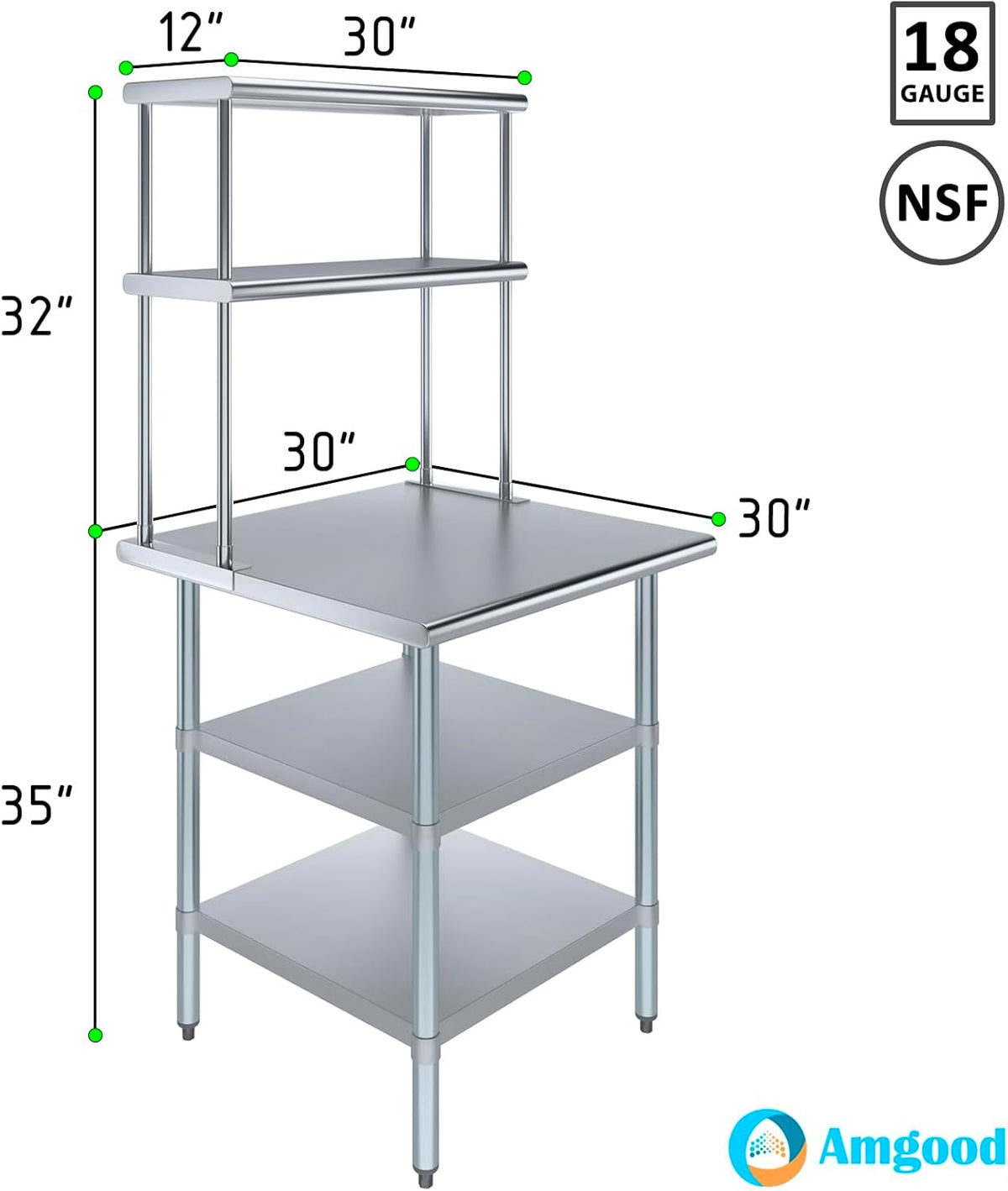 Amgood Stainless Steel Work Table with 2 Shelves | Metal Kitchen Prep Table & Shelving Combo (30" x 30" Table with 2 Shelves + 12" Overshelf)