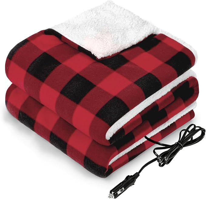 Sealy 12-Volt Heated Car Blanket, Portable Electric Blanket with 3 Heating Levels & 4 Hours Auto Off for Car, Truck, SUV, RV or Camping, Machine Washable, 59" X 43", Plaid