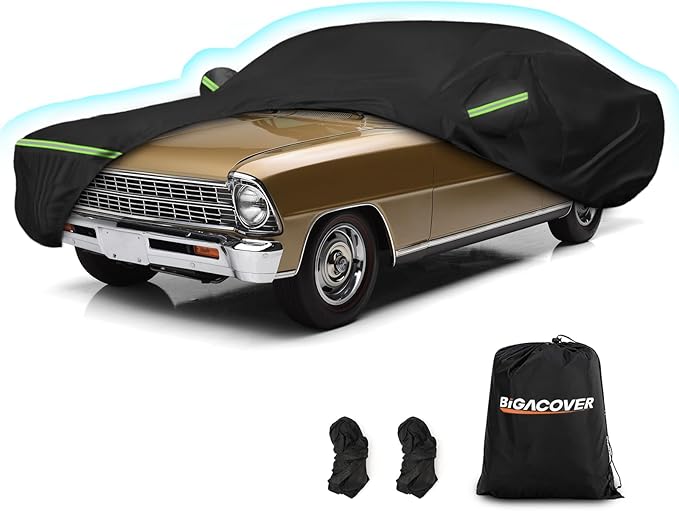 Waterproof Car Covers for Chevrolet II Nova/Nova SS 350/350 SC Sedan/Coupe 1962-1974,420D Oxford Cloth Sun Heat Protection Outdoor Full Covers with Driver Side Zipper Windproof Heavy Duty All Weather