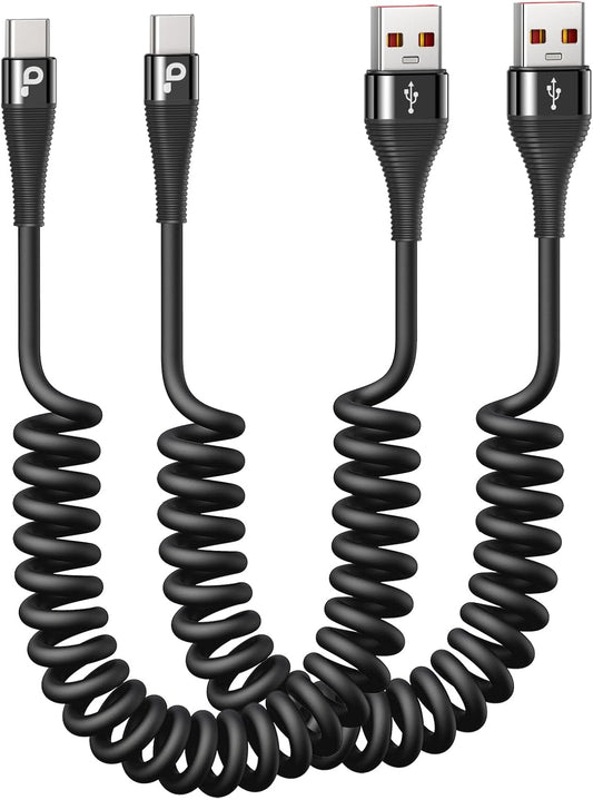 USB C Cable Fast Charging, 2Pack 3ft Coiled USB A to USB C Charge Cable for Car, USB-C Charging Cord Compatible with iPhone 16/15/Pro Max/Plus/Samsung Galaxy S20 S10 and More Type C Devices-Black