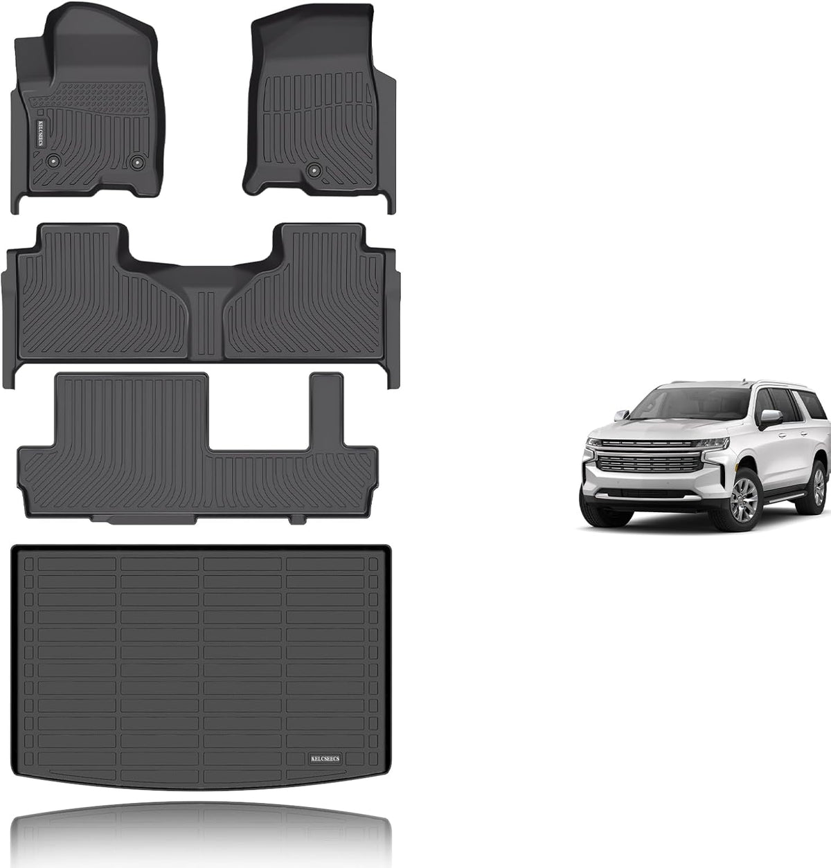 KELCSEECS® Floor Mats & Cargo Liner Custom for 2021-2025 Chevy/Chevrolet Suburban & GMC Yukon XL 8 Seats Bench Seats All Weather Protection TPE Floor Liners Full Set Chevy Suburban Accessories Black