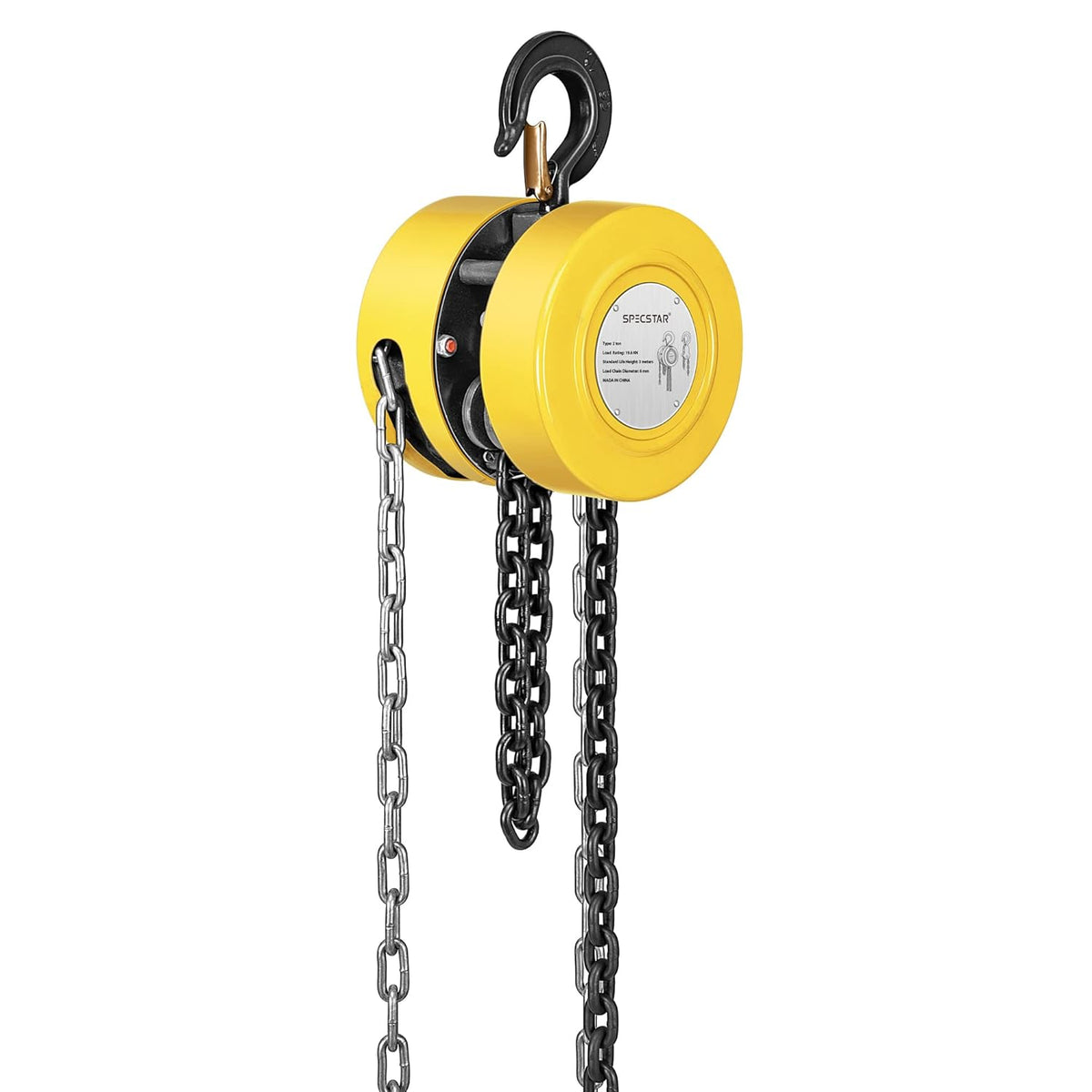 SPECSTAR Hand Chain Hoist 2 Ton 4400 Lbs Capacity 10 Feet with 2 Heavy Duty Hooks, Manual Chain Fall for Warehouse Building Automotive Machinery Yellow