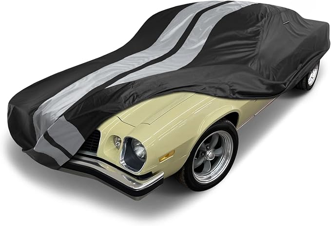 iCarCover Custom Car Cover Compatible with Camaro 1974-1981, Waterproof All Weather Rain Snow UV Sun Protector Full Exterior Indoor Outdoor Car Covers, Stripe (Black/Gray)