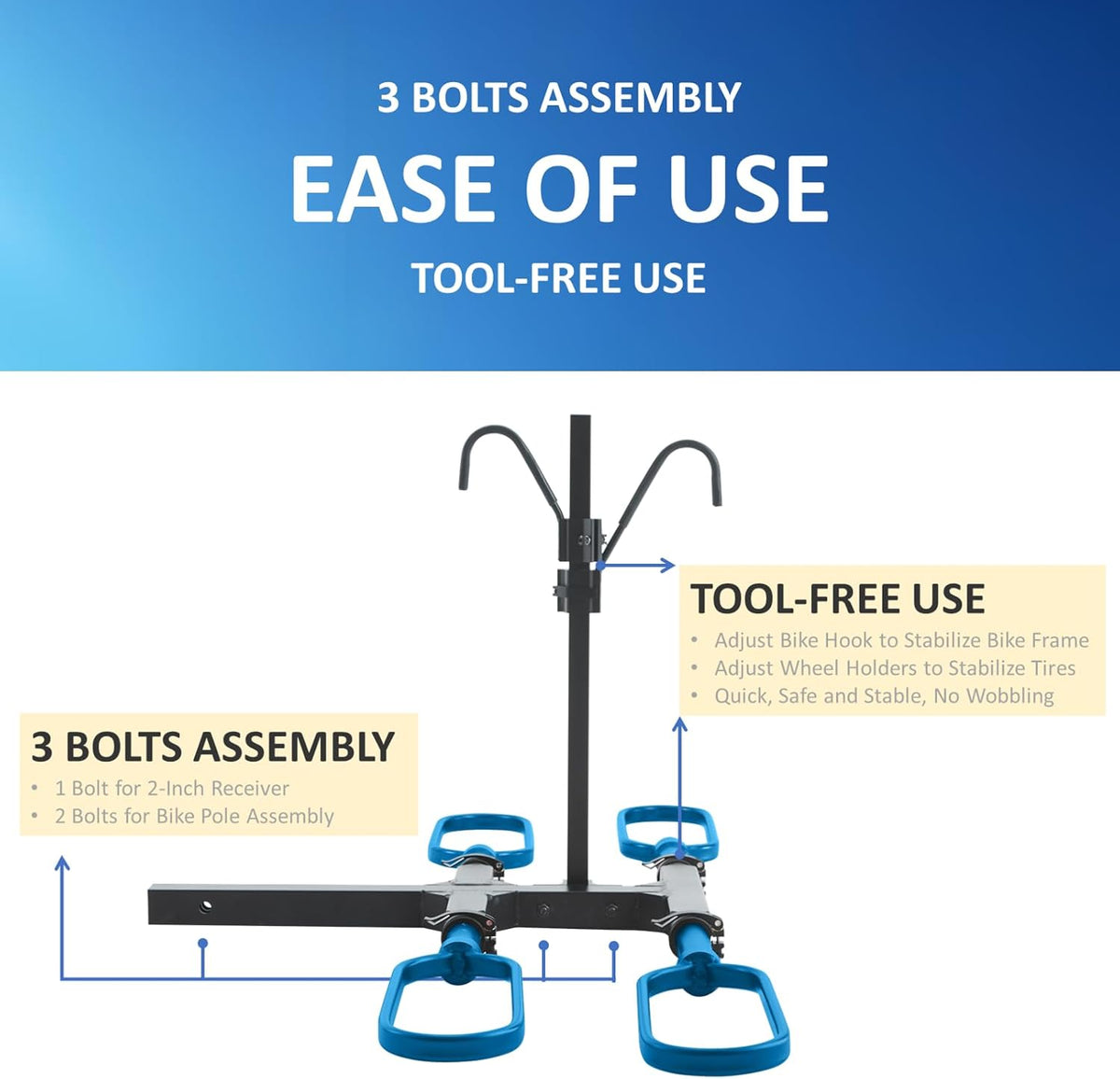 Trailer Hitch Bike Rack for Car 2 Bikes, E Bike Carrier Hitch Mount 2 Bike, Fat-Tire Ebike Rack for Tow Hitch, Fits 2" Receiver for SUV Truck Rv Van (2 Bike - 200 Lbs Cap - Blue)