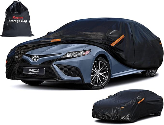 Kayme 7 Layers Heavy Duty Car Cover Waterproof All Weather, Full Exterior Cover Outdoor Snow Sun Uv Protection with Zipper for Automobiles, Universal Fit for Sedan (186 to 193 Inch)