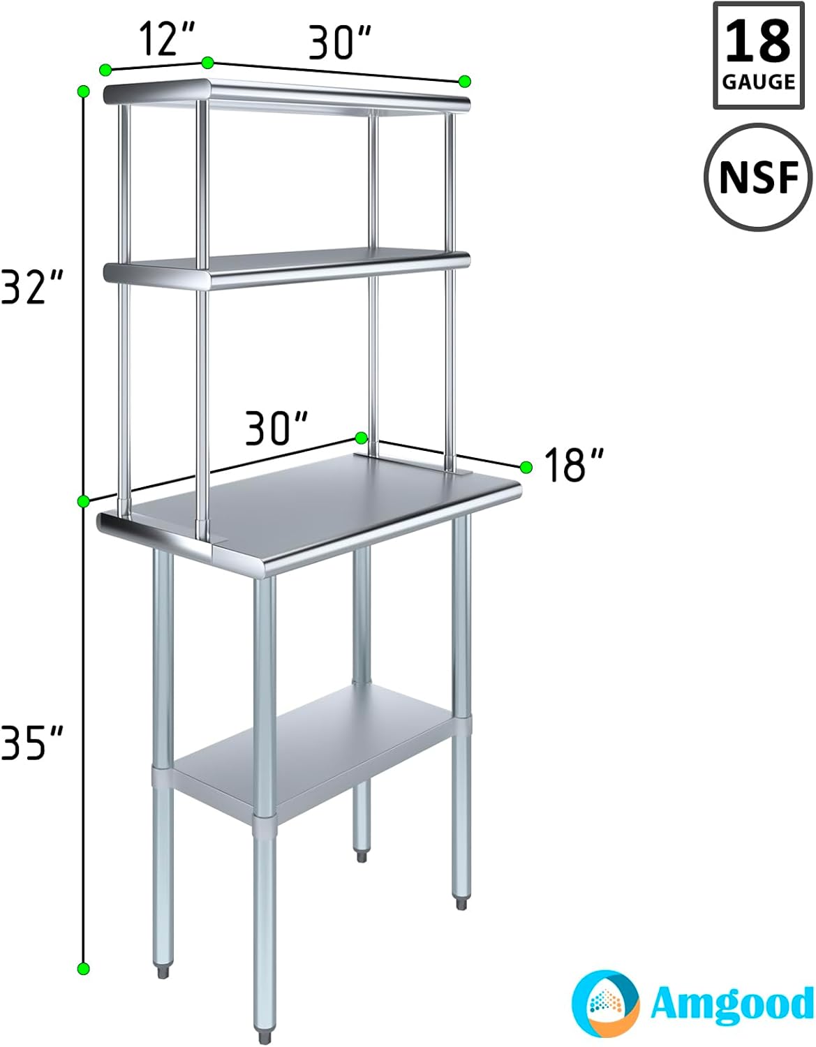 AmGood Stainless Steel Work Table Double Tier Overshelf | 18" x 30" Work Table + 12" Overshelf