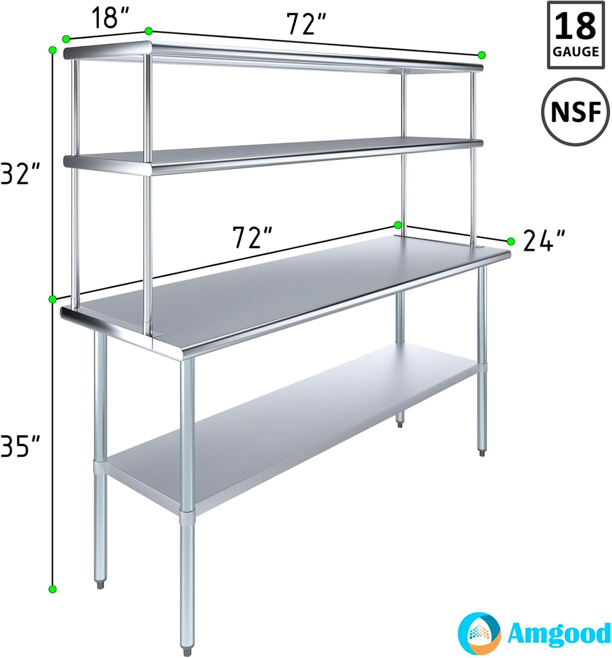 Amgood Stainless Steel Work Table Double Tier Overshelf | Metal Kitchen Prep Table & Shelving Combo (24" x 72" Work Table + 18" Overshelf)
