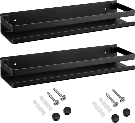 Lallisa 2 Pieces Stainless Steel Shelf Bathroom Shower Floating Shelves Wall Mounted Shower Caddy Basket Shelf Storage Organizer Shelves for Bathroom, Kitchen, Living Room (Black,15.75 Inch/ 40 cm)