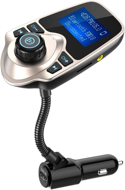 Nulaxy Bluetooth Car FM Transmitter Audio Adapter Receiver Wireless Handsfree Voltmeter Car Kit TF Card AUX 1.44 Display - KM18 Golden