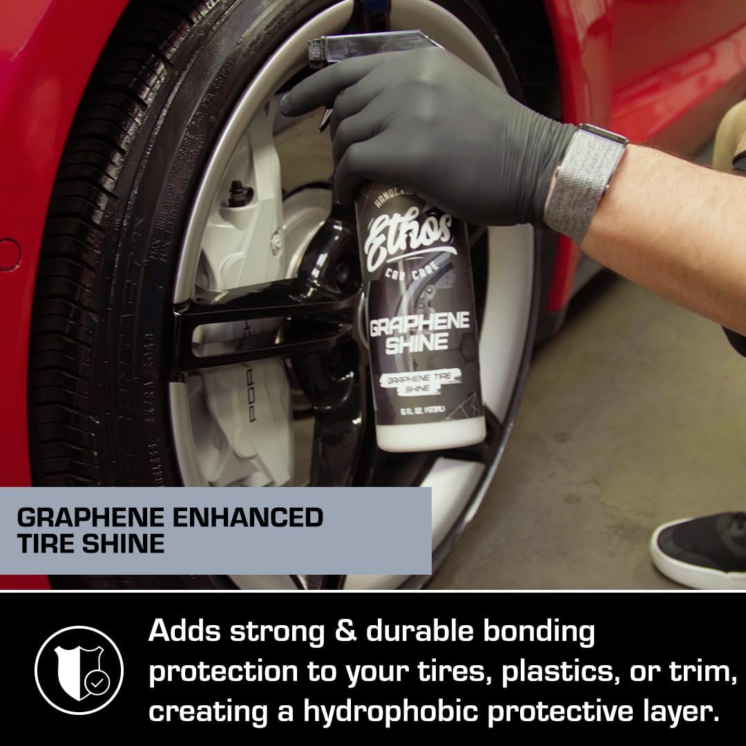 Ethos Graphene Shine - Trim & Tire Shine Spray, High Sheen, Non Greasy, Sling Free Finish! Conditions and Protects Rubber with UV Protection (16 Oz)