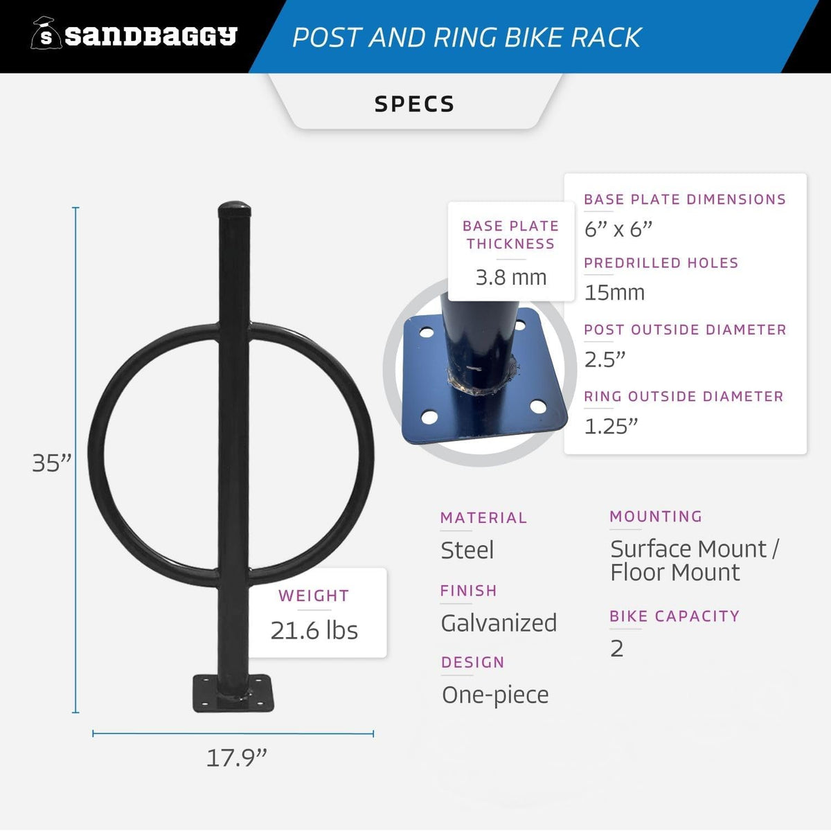 Sandbaggy Post and Ring Bike Rack - Commercial Bike Racks - Galvanized Steel - Anti-Theft Design - In Ground, Apartments, Sidewalks, Industrial (Orange, 10)