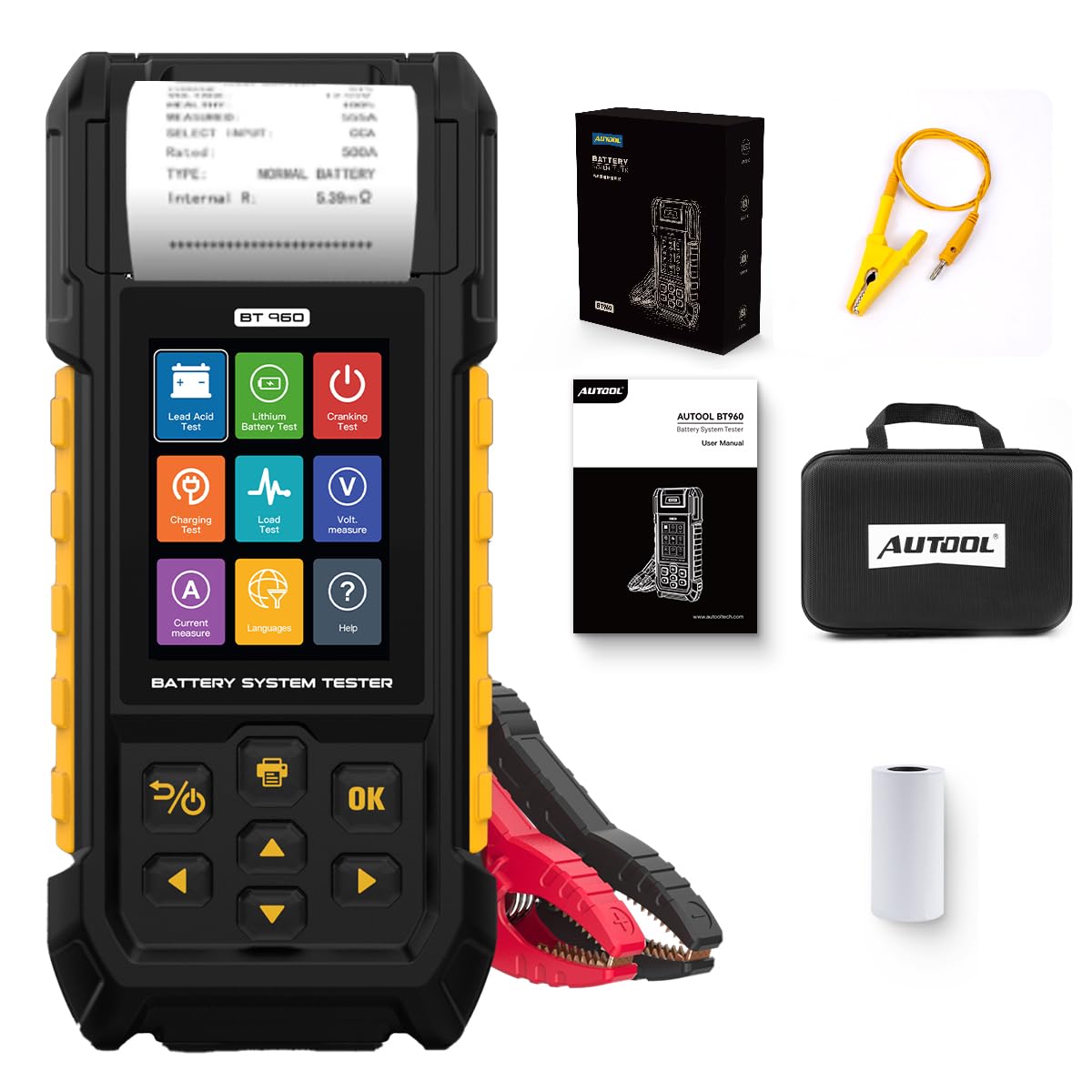 AUTOOL Car Battery Tester 12V 24V Automotive Battery Load Tester 30-2000 CCA, Battery Tester with Printer, Support Lithium Battery, Cranking & Charging & Leakage Test, Data Review Protection