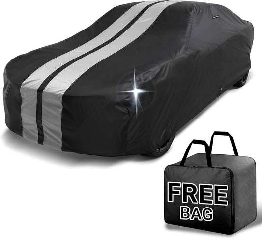 iCarCover Custom Car Cover for Chevy Caprice 2-Door, 4-Door (1966-1970) Waterproof All Weather Rain Snow UV Sun Protector Full Exterior Indoor Outdoor Car Cover (Stripe - Black/Gray)