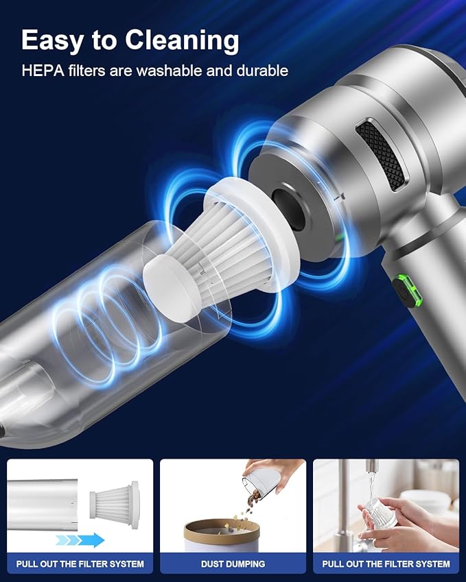 Car Vacuum,3 Suction Modes,Portable Mini Cordless Cleaner with 21000pa Suction Power,Type-C Charge,Handheld Vacuum for Home,Car, Office Desk, Keyboards(Mysterious Silver)