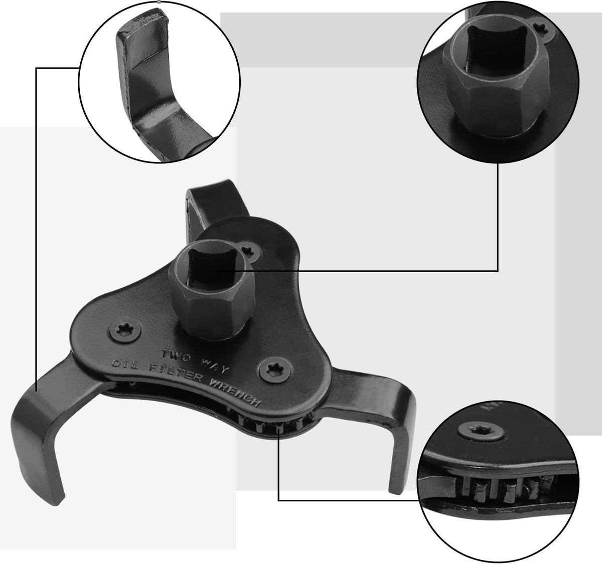 Universal Adjustable Oil Filter Wrench, Carbon Steel, Black, 1/2 & 3/8 Inch Square Drive Socket, 3-Jaw & 2-Way Design