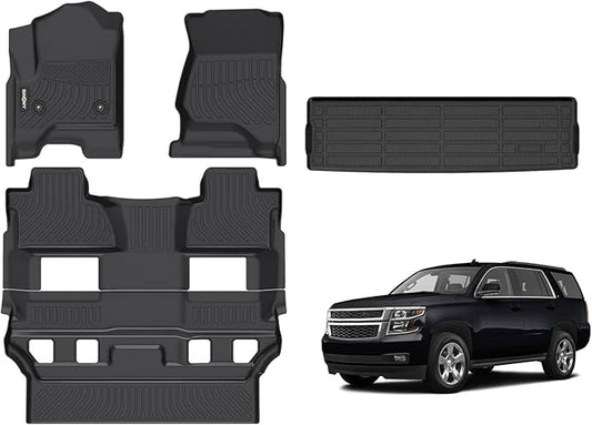 GINOWY- Floor Mats & Cargo Liner for Chevy Tahoe 2015-2020 & GMC Yukon (Only for Bucket Seat) TPE All Weather Protection Tahoe Car Mats, Non-Slip Trunk Mat Waterproof Accessories Floor Liners Black