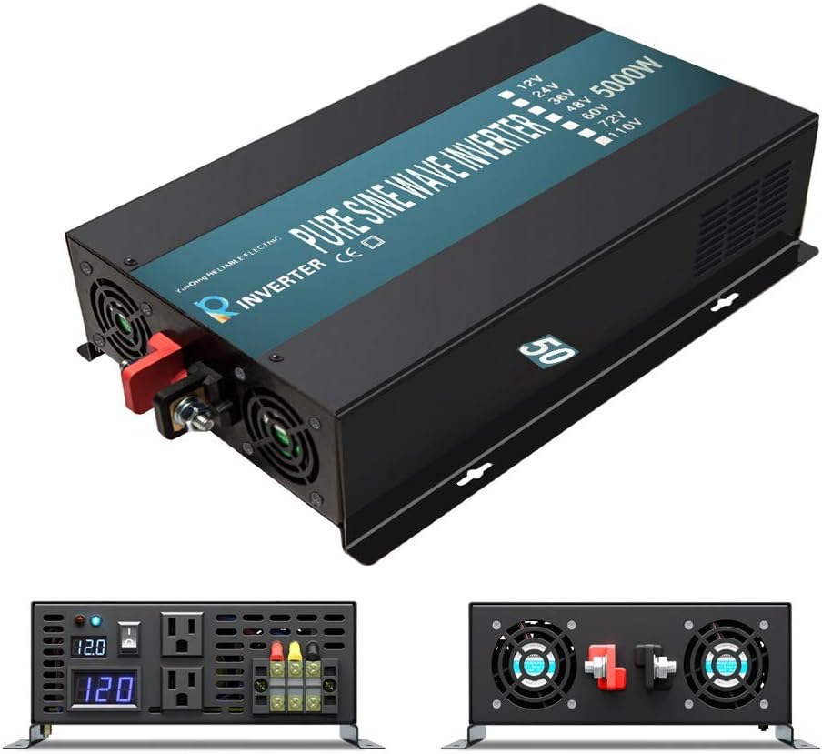 WZRELB 5000W High Efficiency Solar Power Inverter Off Grid 12V DC Voltage Converter Pure Sine Wave Dual 120V AC Outlets