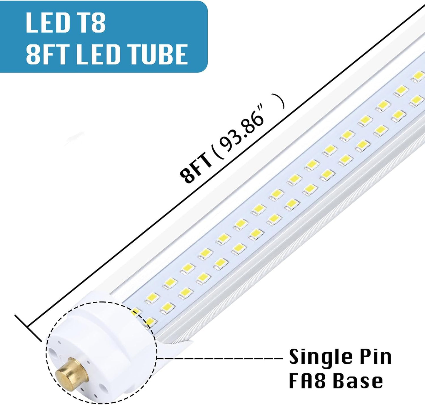 25-Pack, 8 Foot LED Bulbs, 100W 15000lm 6000K Cold White, Super Bright, T8 T10 T12 LED Tube Lights, FA8 Single Pin LED Lights, Clear Cover, 8 Foot LED Bulbs to Replace Fluorescent Light Bulbs