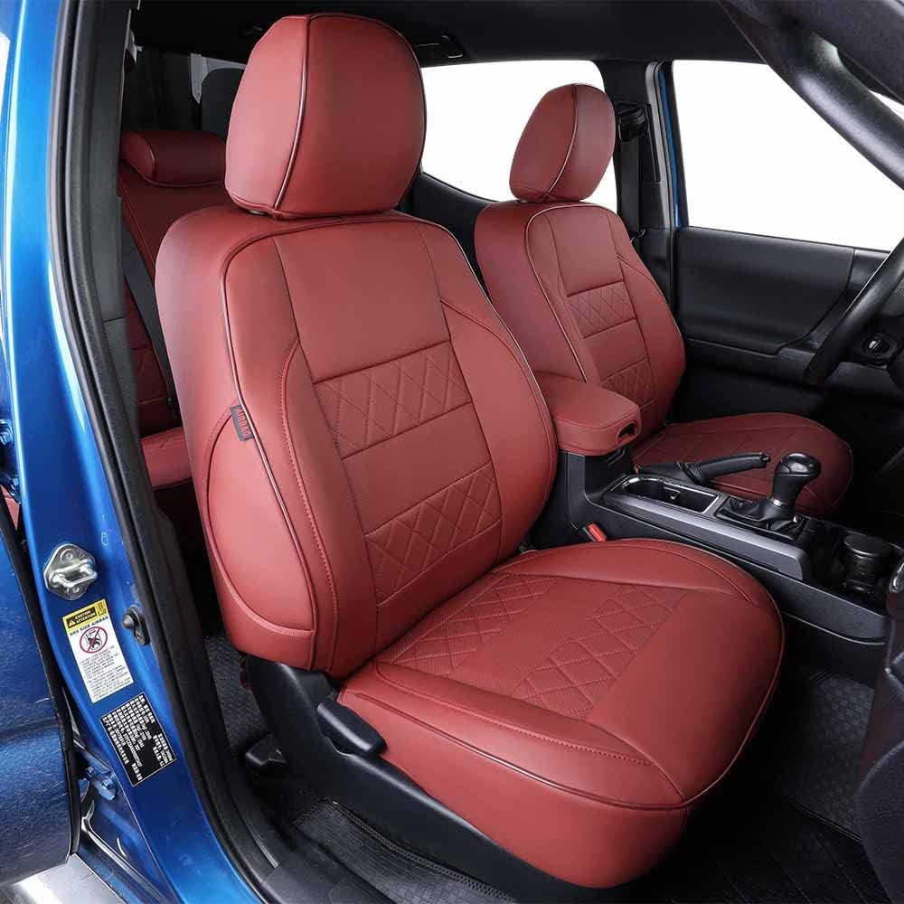 EKR Custom Fit Tacoma Car Seat Covers for Select Toyota Tacoma 2016 2017 2018 2019 2020 2021 2022 2023 Double Cab/Crew Cab - Full Set,Leather(Burgundy)