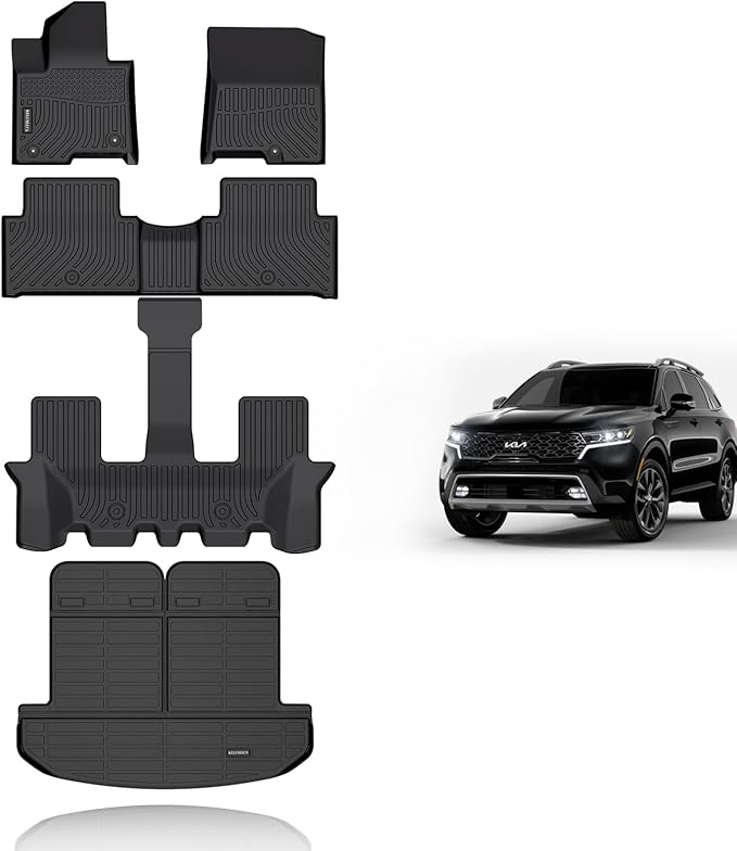 KELCSEECS Floor Mats & Cargo Liner with Backrest Mat(Best Put The Third Row Down) for 2021 2022 2023 2024 2025 Kia Sorento Hybrid/2022-2025 Kia Sorento Plug-in Hybrid All Weather Car Mats Trunk Mat