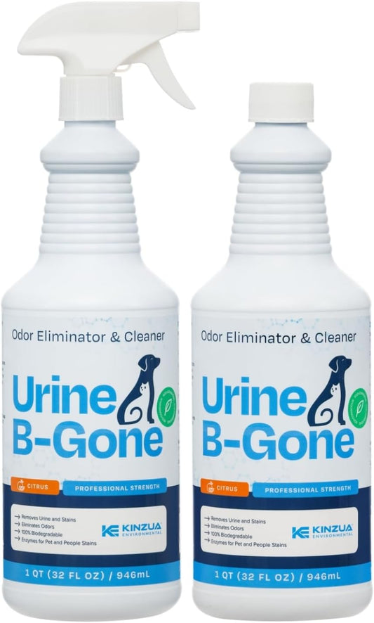 KINZUA ENVIRONMENTAL Urine B-Gone, Professional Enzyme Odor Eliminator & Pet Stain Remover, Human, Cat & Dog Urine Cleaner, Effective on Laundry, Carpets & More, Citrus Scent, 32oz, Pack of Two