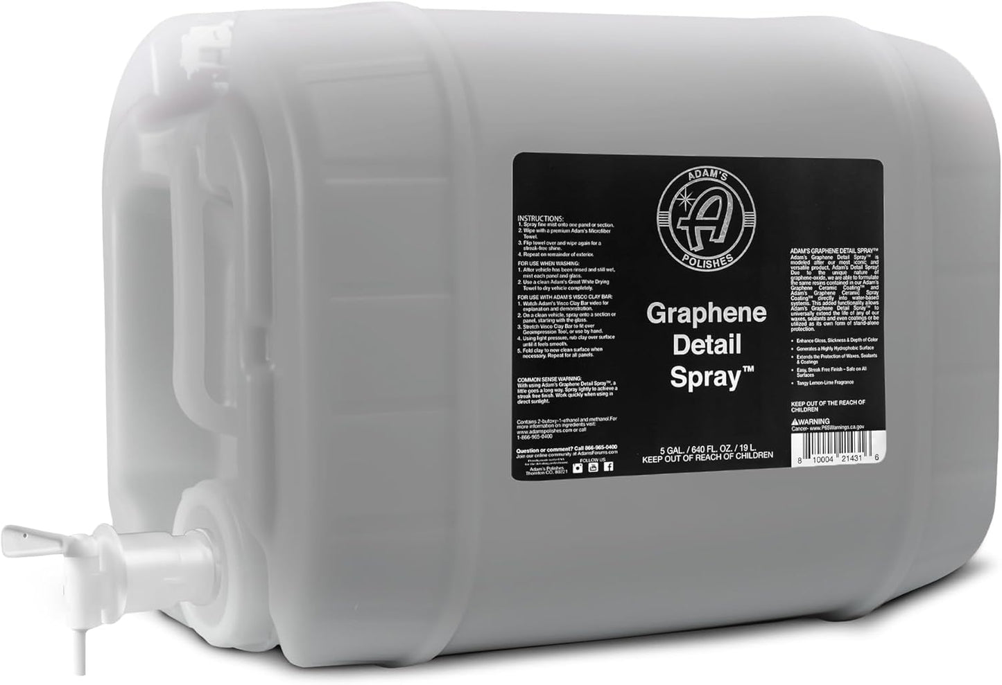 Adam's Polishes Graphene Detail Spray (5 Gallon) - Extend Protection of Waxes, Sealants, & Coatings | Waterless Detailer Spray For Car Detailing|Clay Bar, Drying Aid, Add Ceramic Graphene Protection