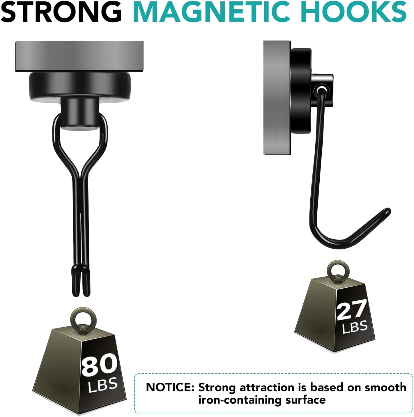 DIYMAG Black Magnetic Hooks, 80LBS Strong Magnetics Heavy Duty, Magnet Hook with Metal Hanger for Hanging Refrigerator Home Kitchen Office, 4Pack