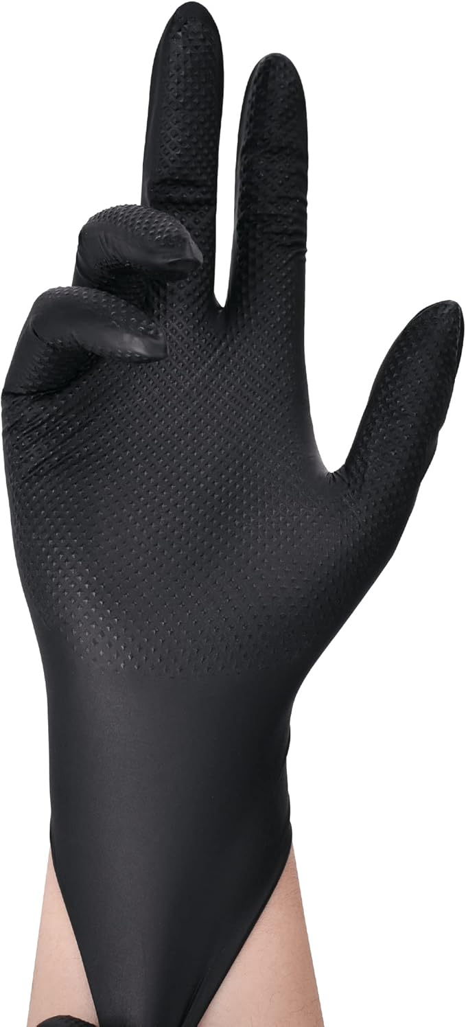 TitanFlex Thor Grip Heavy Duty Black Industrial Nitrile Gloves with Raised Diamond Texture, 8-mil, Latex Free