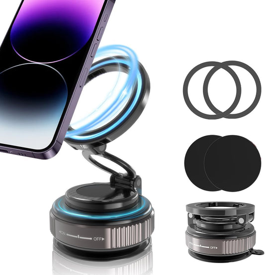 EnerCharge Magnetic Car Phone Holder, with 360° Adjustable & 3-Fold Extension, Upgraded Vacuum Suction Cup Cell Phone Mount for Car/Gym/Kitchen/Shower (Aluminum Alloy)