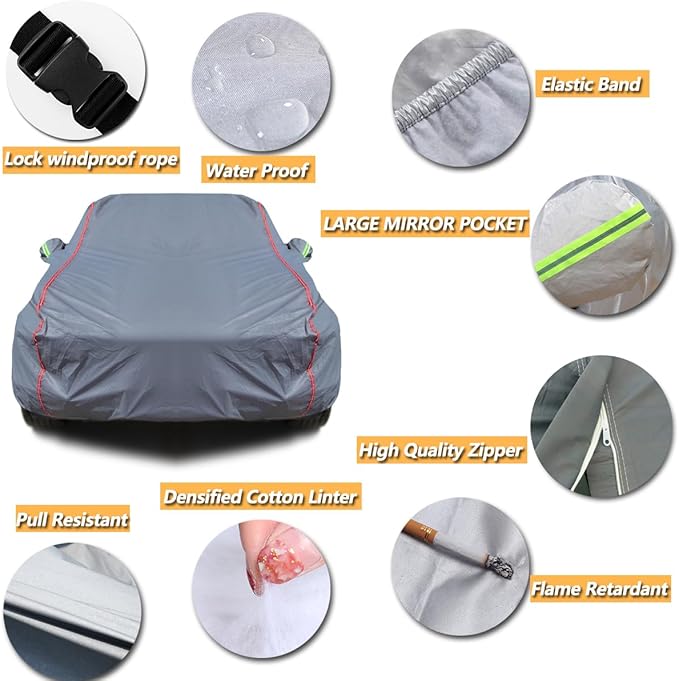 AUQDD 6-Layers PEVA New Material Sedan SUV Full Padded Car Cover Waterproof All Weather Weatherproof UV Sun Protection Snow Dust Storm Resistant Outdoor Exterior Custom Form-Fit Straps 178"-189" Grey