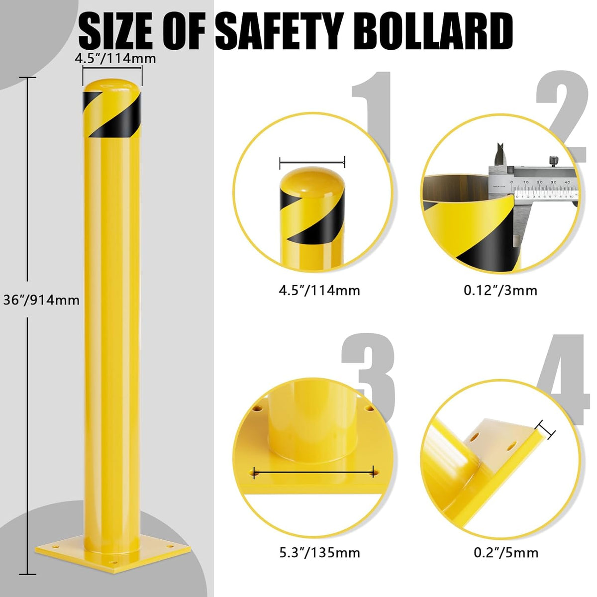 Parking Bollard Post, Bollards Steel 36 inch, 4.5 Inch Diameter Bollard Covers, Yellow Powder Coated Safety Parking Barrier Post, for Traffic Sensitive Areas (36inch 4Pack)