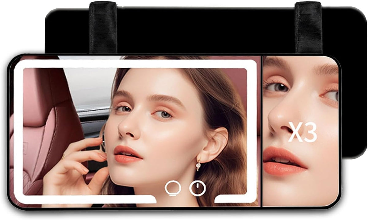 Car Sun Visor Vanity Mirror, Dimmable Touch Screen Makeup Mirrors with 3 Light Modes & 3x Magnifying for Women Detailed Makeup Universal Clip-on Rear View Sun-Shading Cosmetic Mirror (Black)