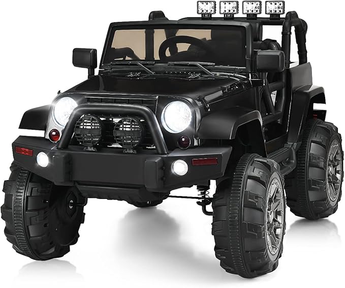 Costzon Ride On Car, 12V Battery Powered Electric Ride On Truck w/Parental Remote Control, LED Lights, Double Open Doors, Safety Belt, Music, MP3, Spring Suspension (Deluxe Black)