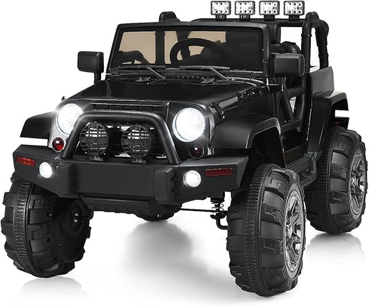 Costzon Ride On Car, 12V Battery Powered Electric Ride On Truck w/Parental Remote Control, LED Lights, Double Open Doors, Safety Belt, Music, MP3, Spring Suspension (Deluxe Black)