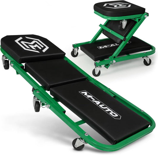 M-AUTO Foldable Z Creeper 2-in-1 Rolling Folding Car Creeper & Seat, 36" Adjustable Roller Garage Chair Lay Down or Sit, 330LBS Capacity Under Car Roller Creeper with 6 Swivel Casters, Green