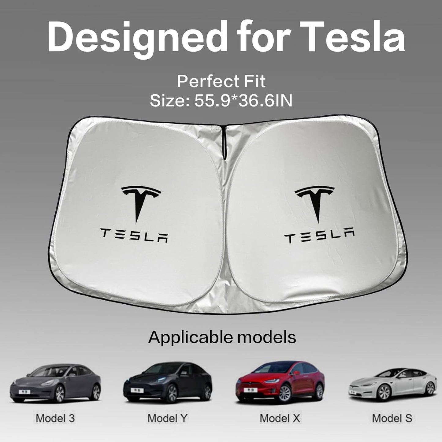 300T Sunshade for Tesla Model Y Model 3, Car Accessories 2025 for Tesla, Front Window Sunshade with Organizer Bag, Gifts for Tesla Owners (Blue)