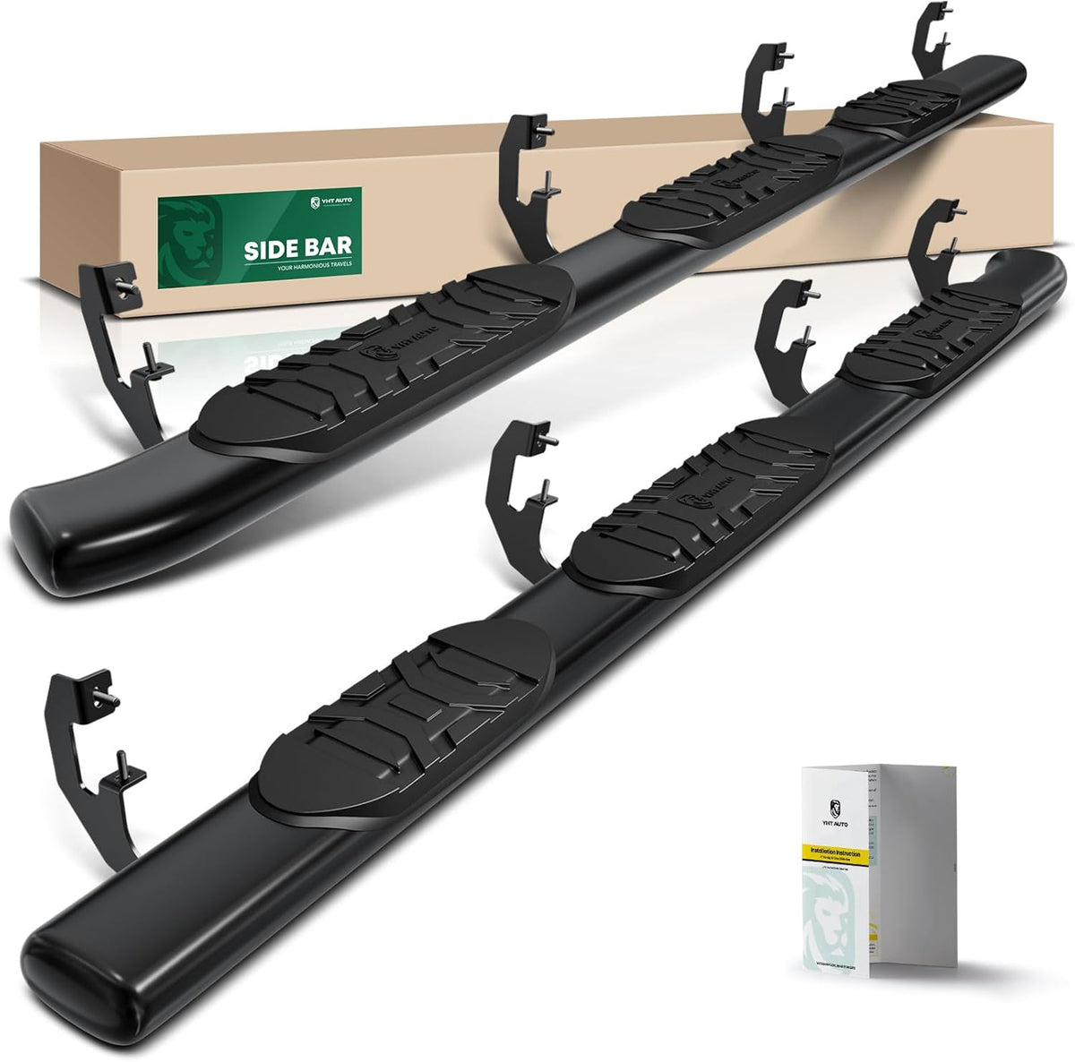YHTAUTO 5 Inch Running Boards Side Steps Fit Chevy Silverado & GMC Sierra 1500/2500 HD/3500 HD 2019-2024, Crew Cab, Oval Bent Ends Carbon Steel Black Powder, Wheel to Wheel Truck Cab Side Step Rails