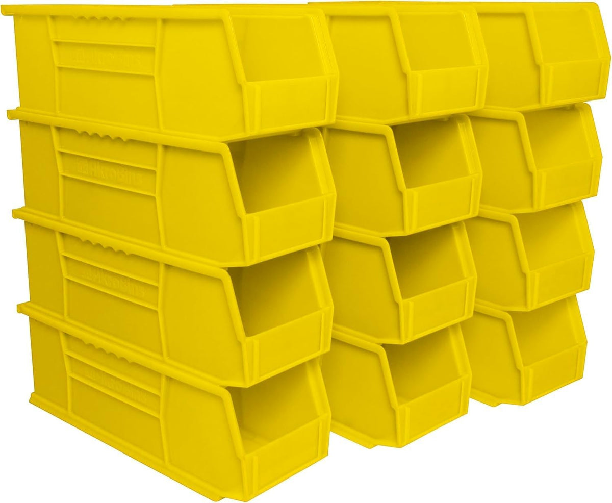 Akro-Mils 30234 AkroBins Plastic Storage Bins, Space-Saving Stackable Bins for Garage, Pantry, Craft Organization, 15-" x 5-" x 5-", Yellow, 12-Pack