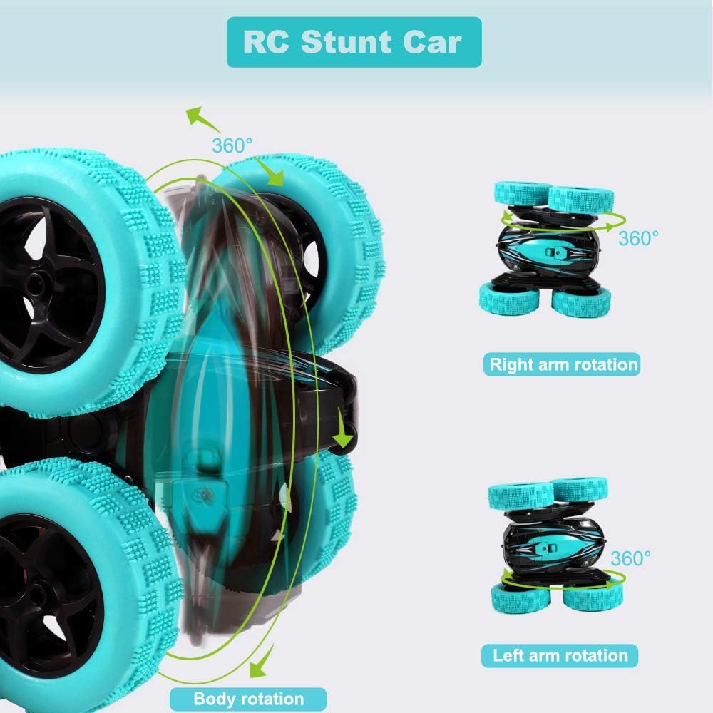 Remote Control Car: Double Sided 360°Rotating 4WD RC Cars 2.4GHz Electric Race Stunt Toy Car Rechargeable Toy Cars for 6 7 8 9 10 11 12 Year Old Boys Girls Kids Christmas Birthday Gifts Cyan