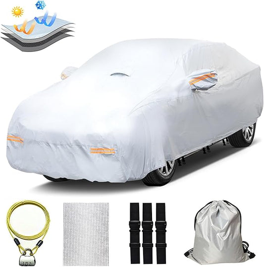 30 Layers Heavy Duty SUV Car Cover for Automobiles All Weather Waterproof, Outdoor Snowproof UV Protection Windproof, Door Zipper, Soft Cotton Universal Car Covers (Silver, Fit SUV 191"-200")