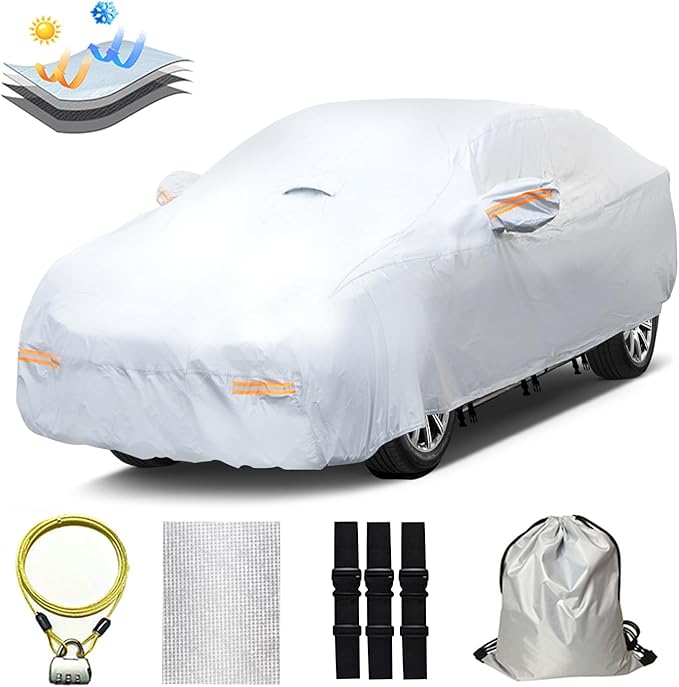30 Layers Heavy Duty SUV Car Cover for Automobiles All Weather Waterproof, Outdoor Snowproof UV Protection Windproof, Door Zipper, Soft Cotton Universal Car Covers (Silver, Fit SUV 181"-190")