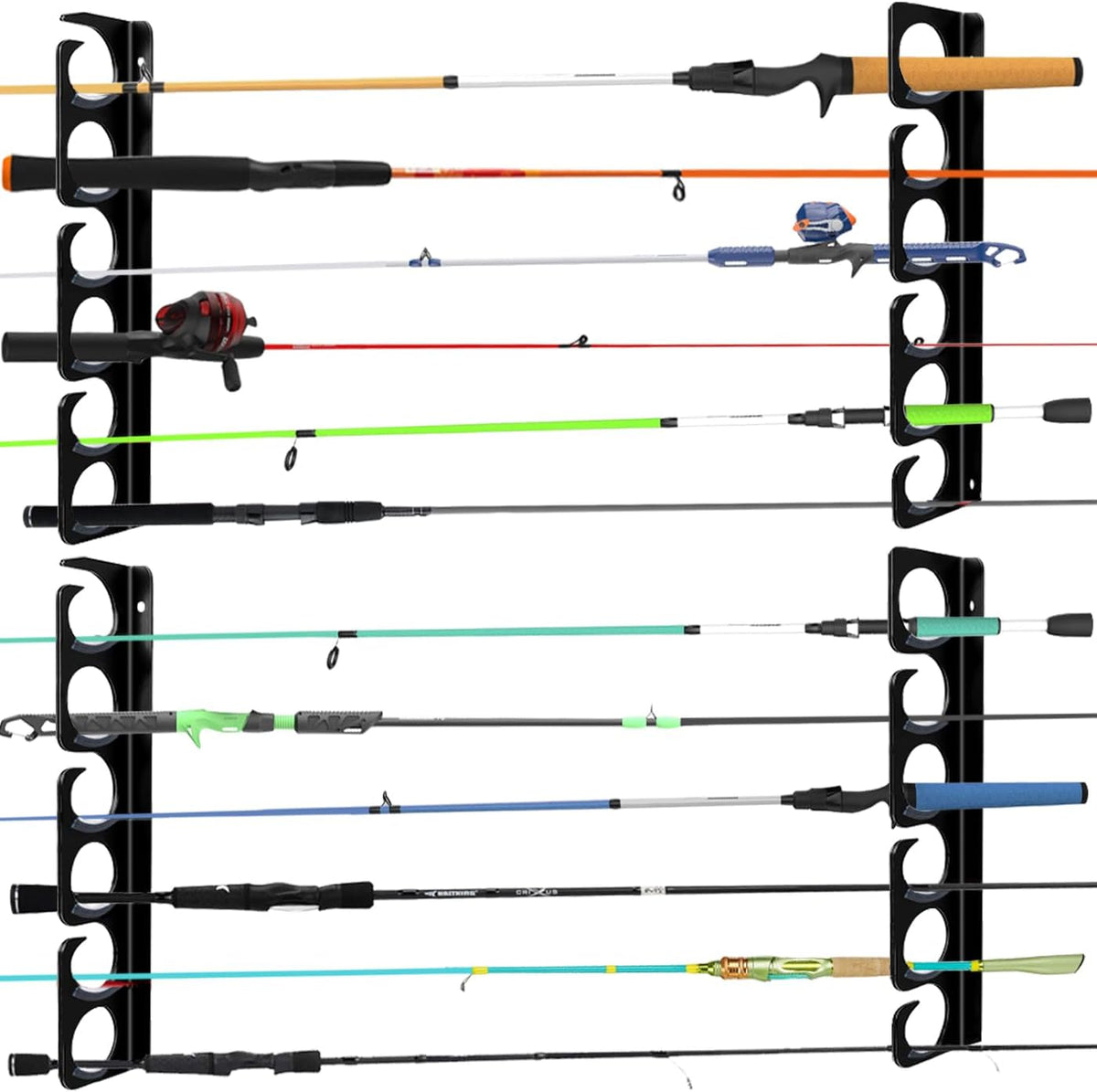 Fishing Rod Rack Pole Wall or Ceiling Storage Holder Hook Keeper Display Hanger Organizer Mount for Garage, Cabin Storeroom Porch and Basement Poles Holds 12 Rods Heavy Duty Metal safe