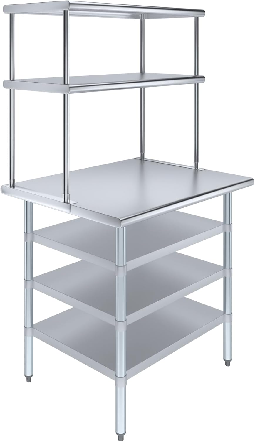 Amgood 30" x 36" Stainless Steel Work Table with 3 Shelves and 18" Wide Double Tier Overshelf | Metal Kitchen Prep Table & Shelving Combo | NSF