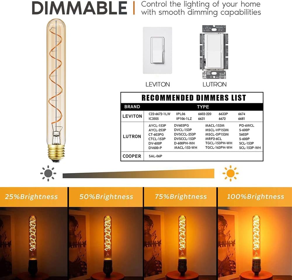 Vintage LED Spiral Filament Bulb T10, 8.9inch Long Tubular Dimmable Edison Light Bulbs,E26 Base,Amber Glass,Warm White,2200K, 400LM(40W Equivalent), Pack of 4
