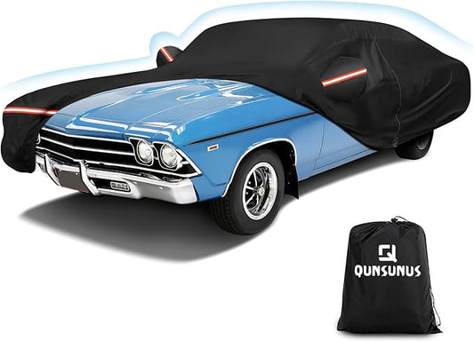 QUNSUNUS Waterproof Car Cover for Chevelle Malibu SS Sedan/Coupe 1964-1972, Outdoor Car Cover with Zipper, Full Exterior Car Covers for Automobiles All Weather with Wind, Sun, UV and Dust Protection